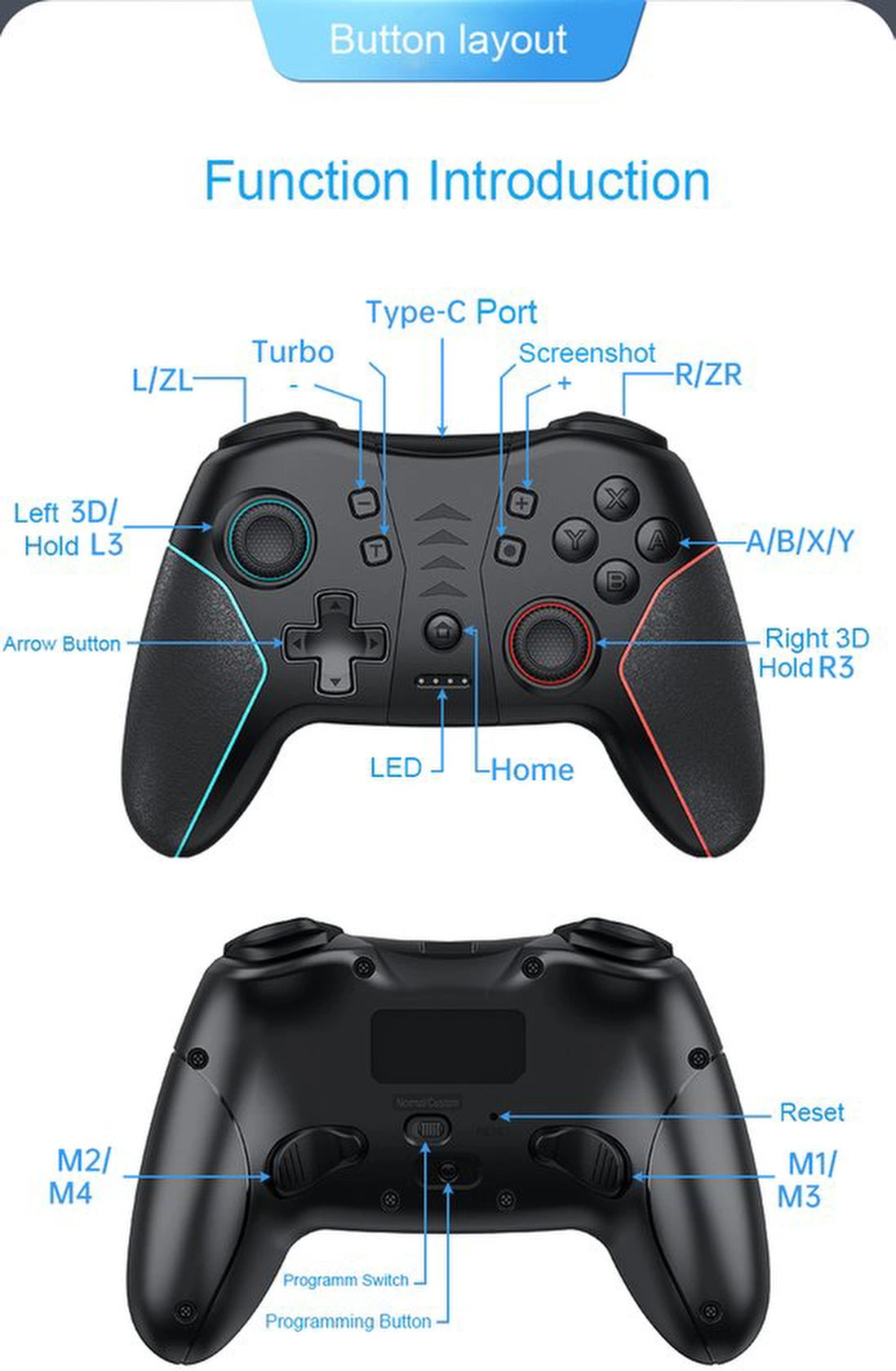 Wireless Pro Controller for Nintendo Switch/Switch OLED/Lite – Bluetooth Gamepad with Turbo, Motion Control, HD Rumble, Amiibo Support – 10m Range - Grijs