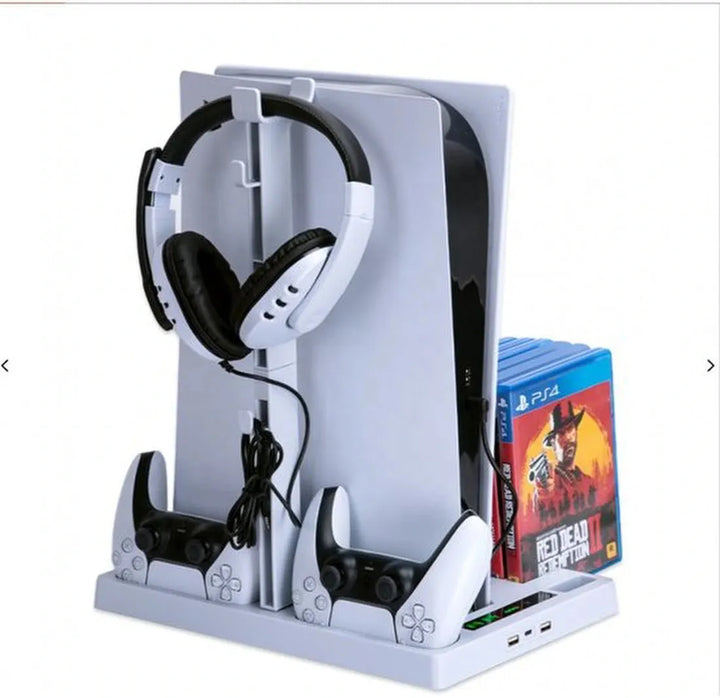 PS5 opbergstation – Verticale standaard met actieve koeling – DualSense oplader – Headsethouder & gamehouder 15 discs-Oplaadstation controllers-Ilumina Benelux