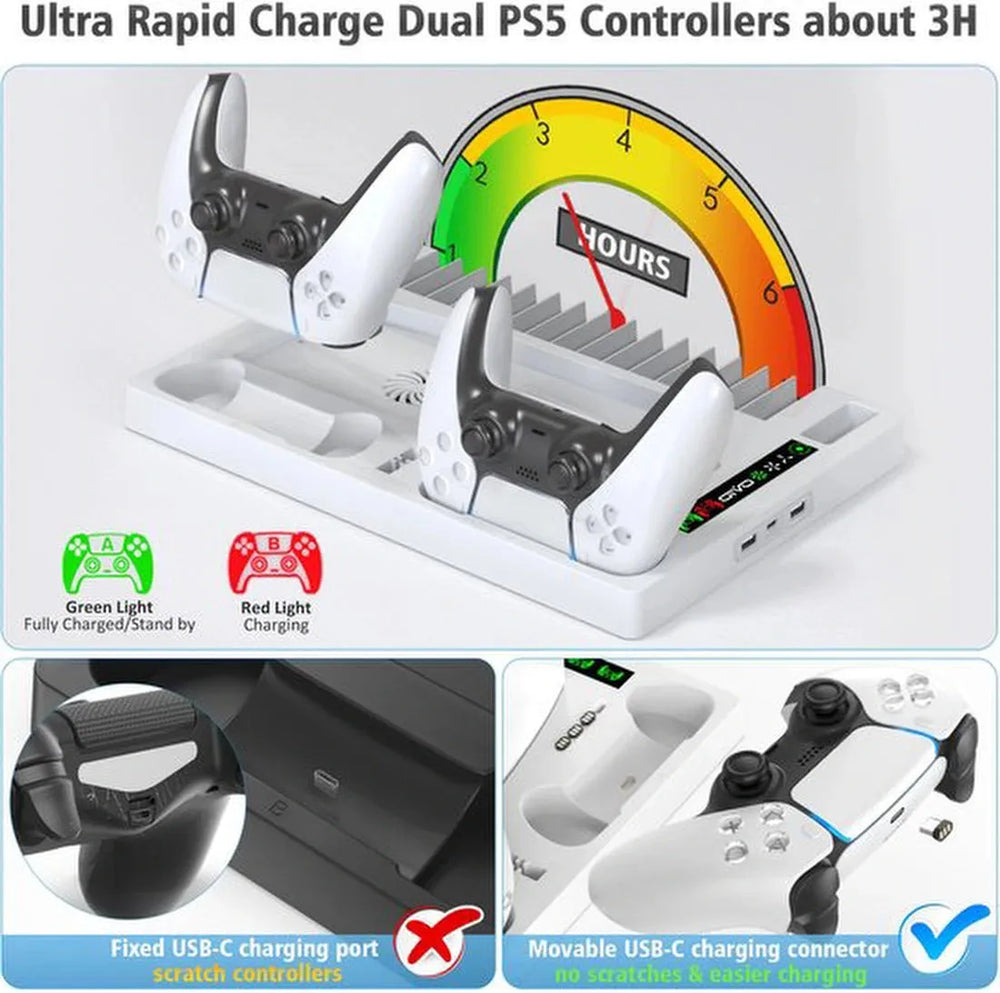PS5 opbergstation – Verticale standaard met actieve koeling – DualSense oplader – Headsethouder & gamehouder 15 discs-Oplaadstation controllers-Ilumina Benelux