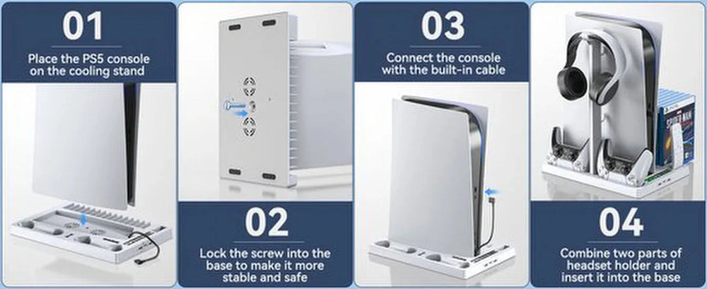 PS5 opbergstation – Verticale standaard met actieve koeling – DualSense oplader – Headsethouder & gamehouder 15 discs-Oplaadstation controllers-Ilumina Benelux