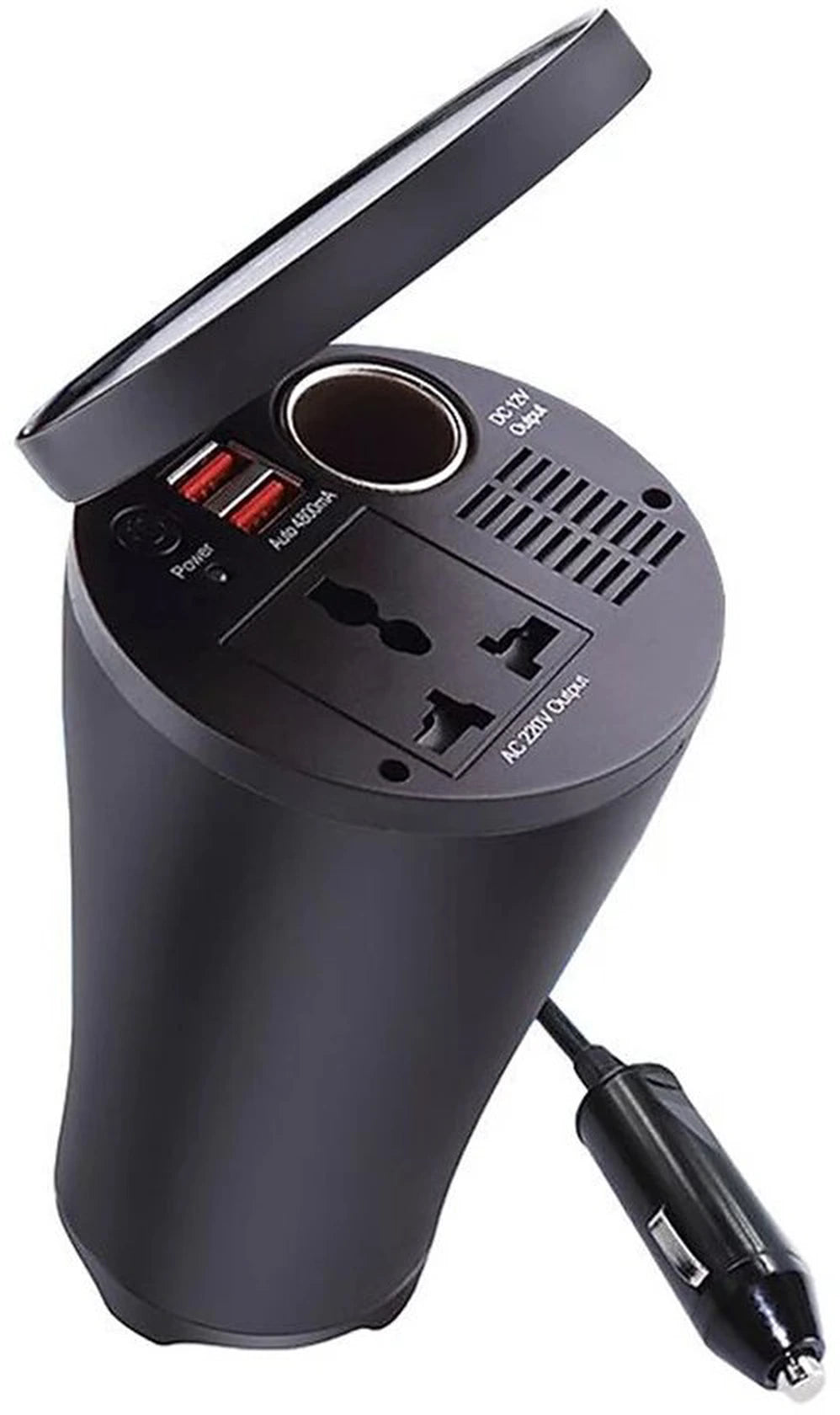 Auto omvormer – Bekerhouder 150W 12V naar 220V – Stopcontact – 2x USB 4.8A – Sigarettenaansteker – Zwart