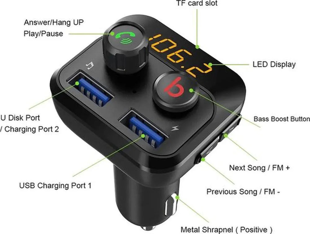 Bluetooth FM Transmitter Auto – Handsfree Bellen – USB & MicroSD Muziek – 3.4A Dual USB Snellader – Bass Boost – Zwart-Ilumina Benelux