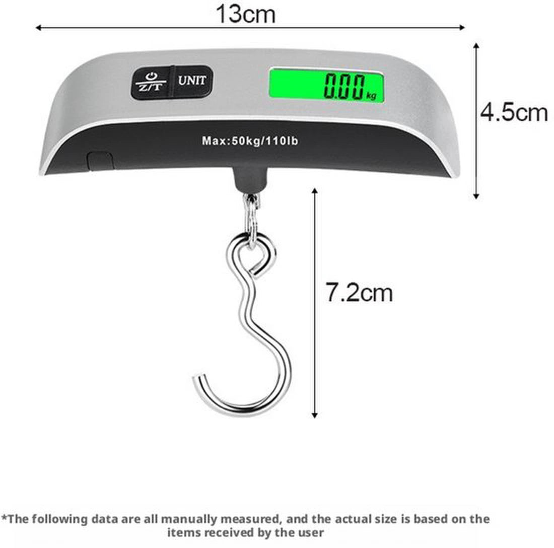 Digitale Bagageweegschaal Met Weeghaak & Thermometer - Koffer Weegschaal Bagage Bagageweger Kofferweger - Hang Weegschaal - Tot 50KG - Grijs - Inclusief Batterijen