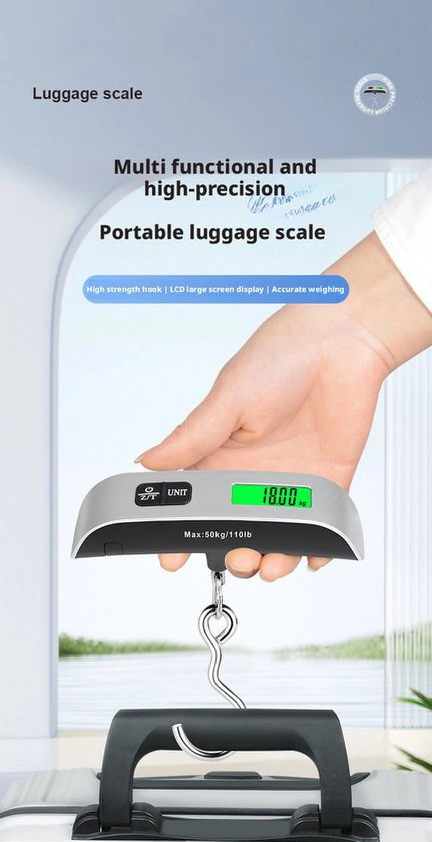 Digitale Bagageweegschaal Met Weeghaak & Thermometer - Koffer Weegschaal Bagage Bagageweger Kofferweger - Hang Weegschaal - Tot 50KG - Grijs - Inclusief Batterijen