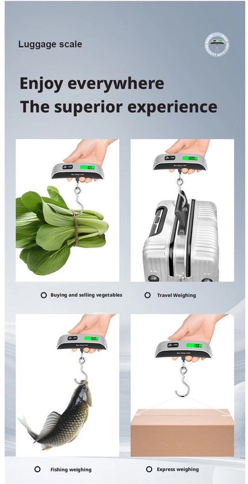 Digitale Bagageweegschaal Met Weeghaak & Thermometer - Koffer Weegschaal Bagage Bagageweger Kofferweger - Hang Weegschaal - Tot 50KG - Grijs - Inclusief Batterijen