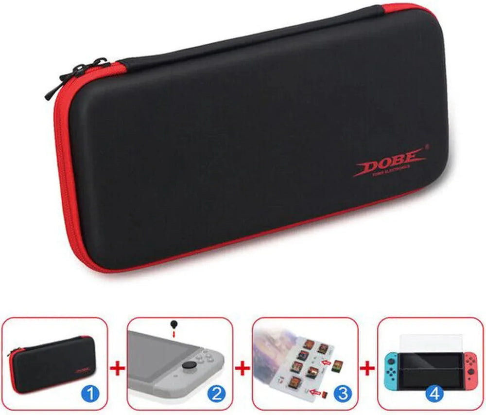 Beschermset – Geschikt voor Nintendo Switch – 4-in-1 Hoes Rubber Plus – Screenprotector – Geheugenkaarthouder – Zwart-Ilumina Benelux