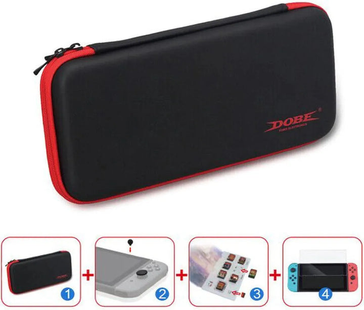 Beschermset – Geschikt voor Nintendo Switch – 4-in-1 Hoes Rubber Plus – Screenprotector – Geheugenkaarthouder – Zwart-Ilumina Benelux