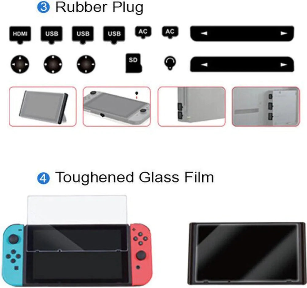 Beschermset – Geschikt voor Nintendo Switch – 4-in-1 Hoes Rubber Plus – Screenprotector – Geheugenkaarthouder – Zwart-Ilumina Benelux