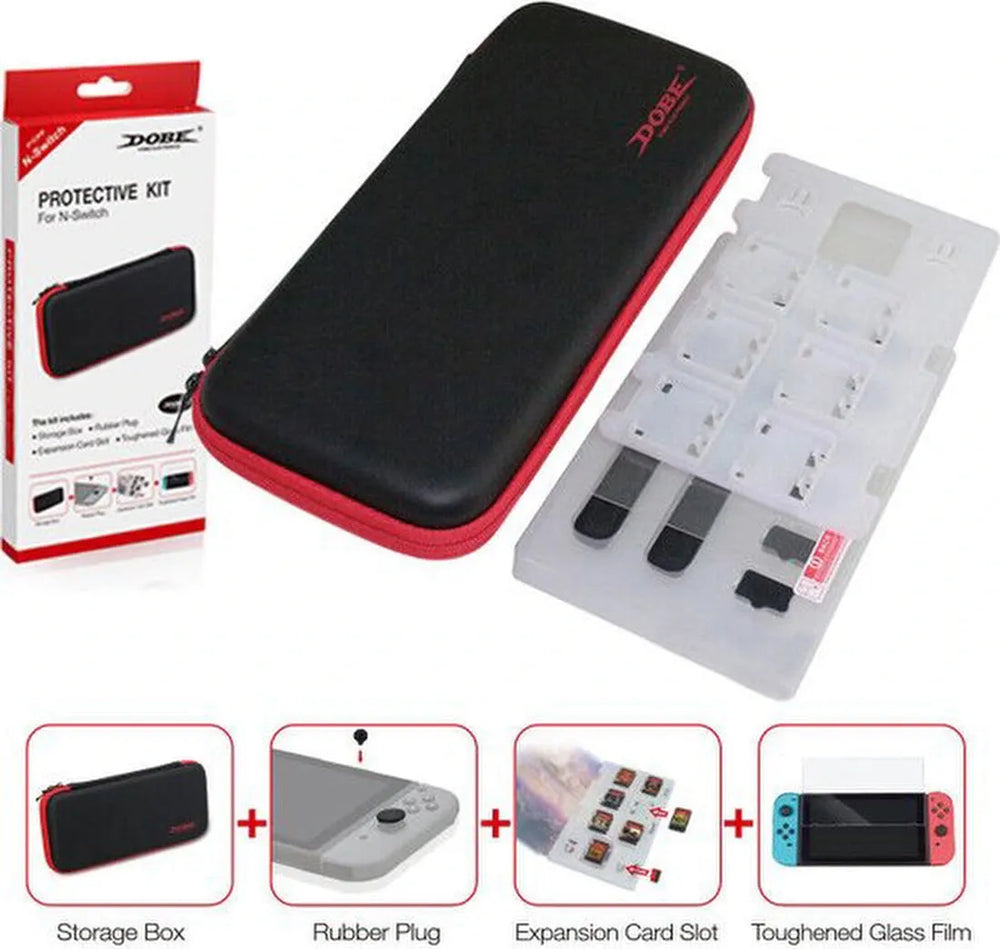 Beschermset – Geschikt voor Nintendo Switch – 4-in-1 Hoes Rubber Plus – Screenprotector – Geheugenkaarthouder – Zwart-Ilumina Benelux