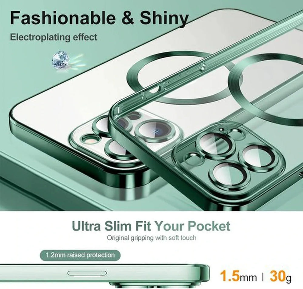 iPhone 14 Pro Max Hoesjes – Magnetische Clear Siliconen Backcover – Camera Lens Protector – MagSafe – Groen-Ilumina Benelux