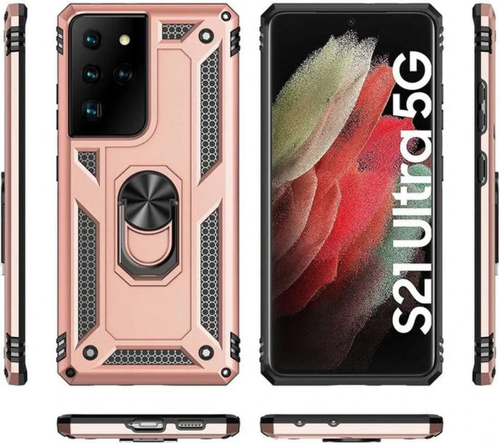 Samsung Galaxy S21 Ultra 5G Hoesjes – Hybride Ring Armor Backcover – Schokbestendig – Roségoud-Ilumina Benelux