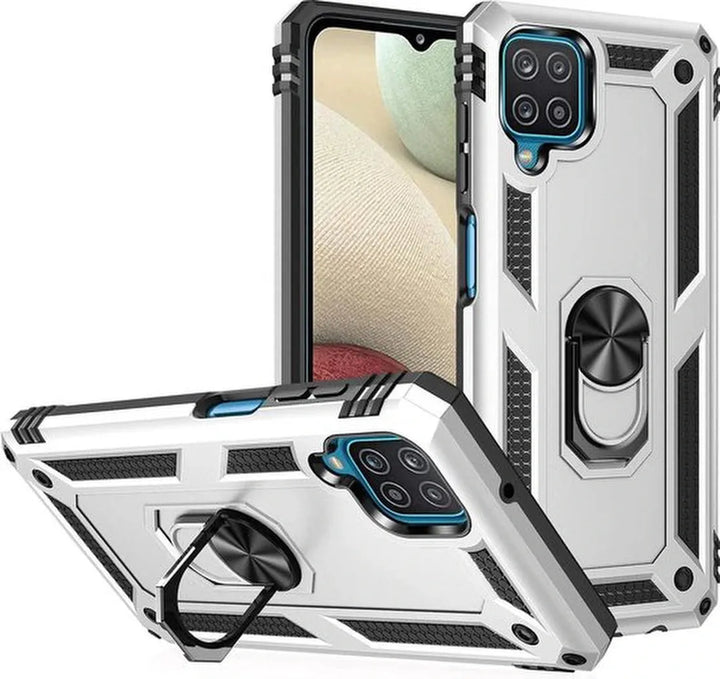 Samsung Galaxy A12 Hoesjes – Anti-Shock Hybride Ring Armor Backcover – Schokbestendig – Zilver-Ilumina Benelux