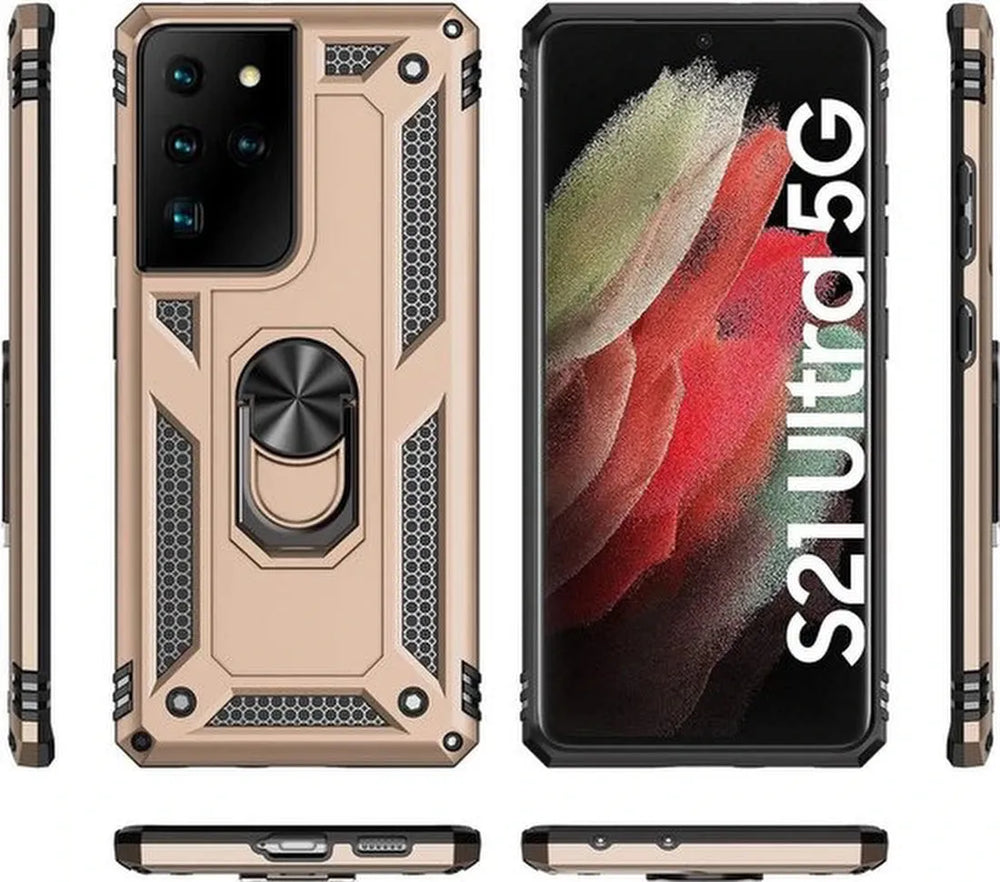 Samsung Galaxy S21 Ultra 5G Hoesjes – Hybride Ring Armor Backcover – Schokbestendig – Anti-Shock – Goud-Ilumina Benelux