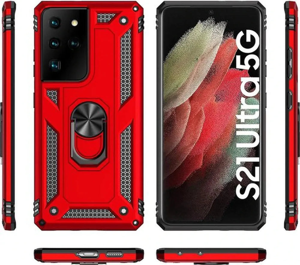 Samsung Galaxy S21 Ultra 5G Hoesjes – Hybride Ring Armor Backcover – Schokbestendig – Rood-Ilumina Benelux