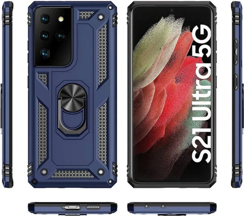 Samsung Galaxy S21 Ultra 5G Hoesjes – Anti-Shock Hybride Backcover – Ringhouder – Armor Bescherming – Blauw-Ilumina Benelux