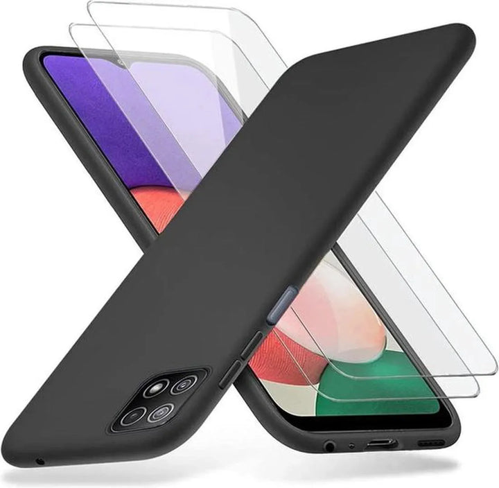 Samsung Galaxy A22 5G Hoesjes – Siliconen Backcover + 2x Screenprotector – Gehard Glas – Zwart-Ilumina Benelux