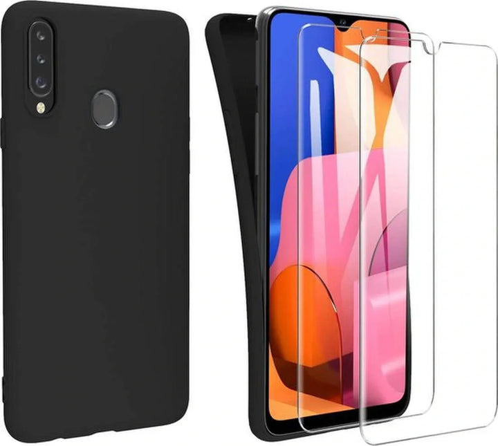 Samsung Galaxy A20S Hoesjes – Siliconen Backcover + 2x Screenprotector – Gehard Glas – Anti-kras – Zwart-Ilumina Benelux