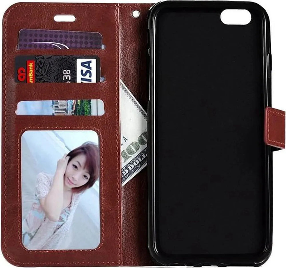 iPhone SE/5/5S/5C Hoesjes – Portemonnee Bookcase – Pasjeshouder – 2 Pack Screenprotector Gehard Glas – Bruin-Ilumina Benelux