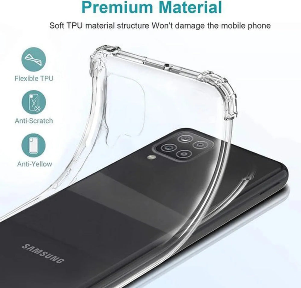 Samsung Galaxy M12 Hoesjes – Anti-Shock Siliconen Backcover – Schokbestendig – 2 Pack Screenprotector Gehard Glas-Ilumina Benelux