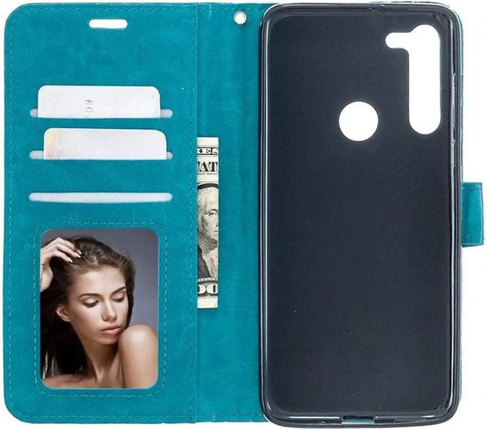 Motorola Moto One Fusion Plus Hoesjes – Portemonnee Book Case – Pasjeshouder – Magneetsluiting – Turquoise-Ilumina Benelux