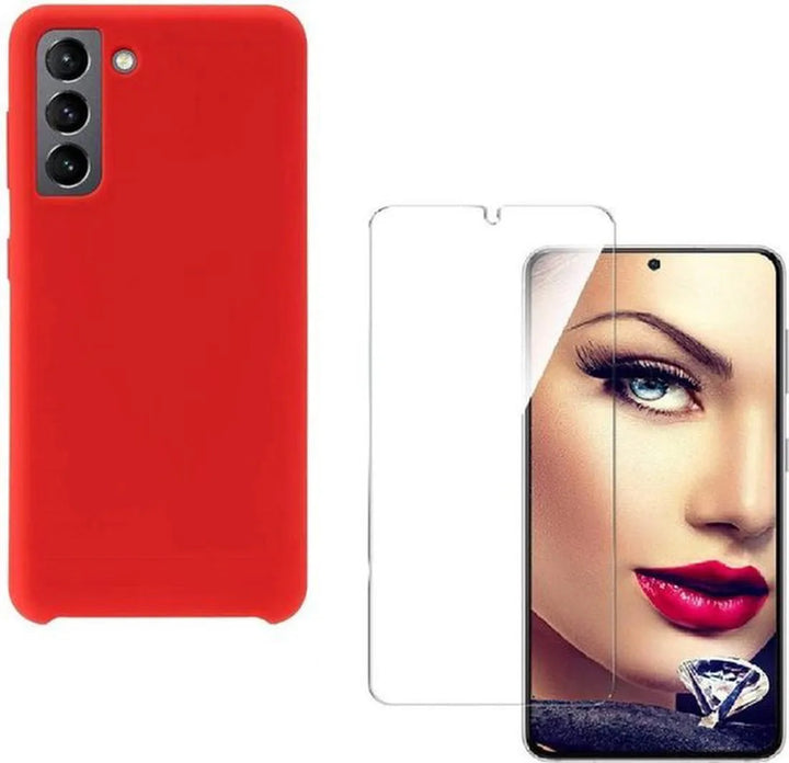 Samsung Galaxy S21 Hoesjes – Liquid Siliconen Backcover – Soft Touch – Flexibel – Rood + Screenprotector-Ilumina Benelux
