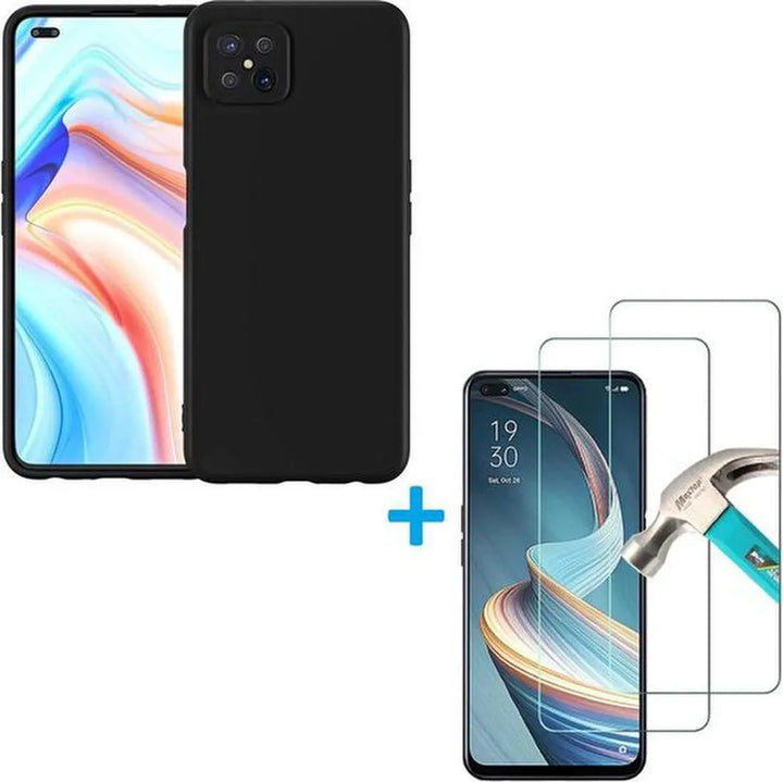 Oppo Reno 4Z 5G Hoesjes – Siliconen Backcover – Inclusief 2-Pack Screenprotector Gehard Glas – Zwart-Ilumina Benelux