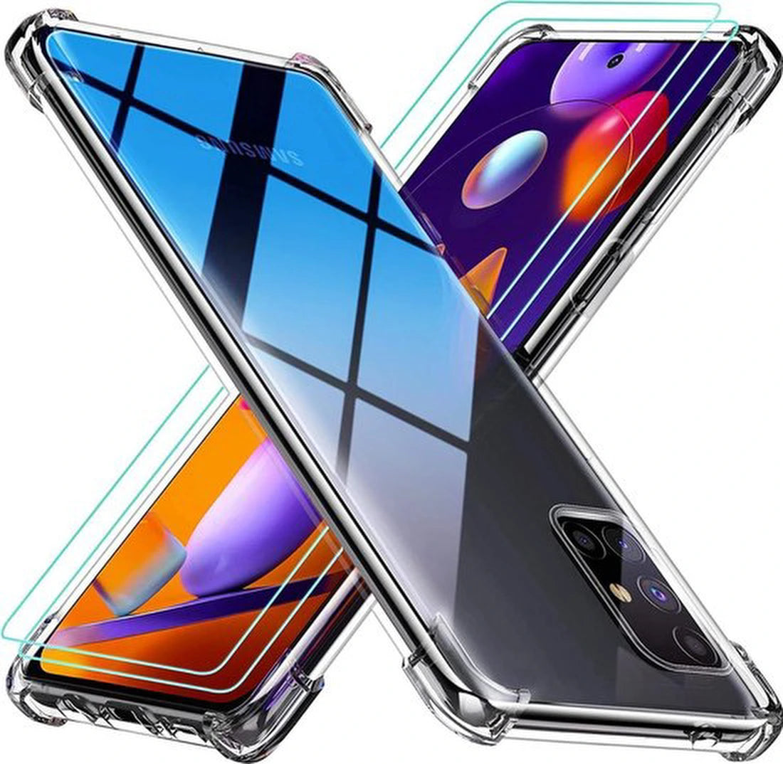 Samsung Galaxy M31s Hoesjes – Siliconen Backcover – Schokbestendig – 2x Screenprotector Gehard Glas – Transparant/Zwart