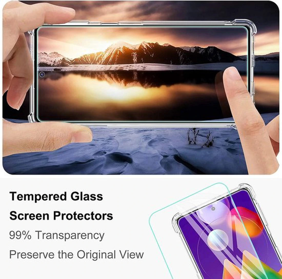 Samsung Galaxy M31s Hoesjes – Siliconen Backcover – Schokbestendig – 2x Screenprotector Gehard Glas – Transparant/Zwart