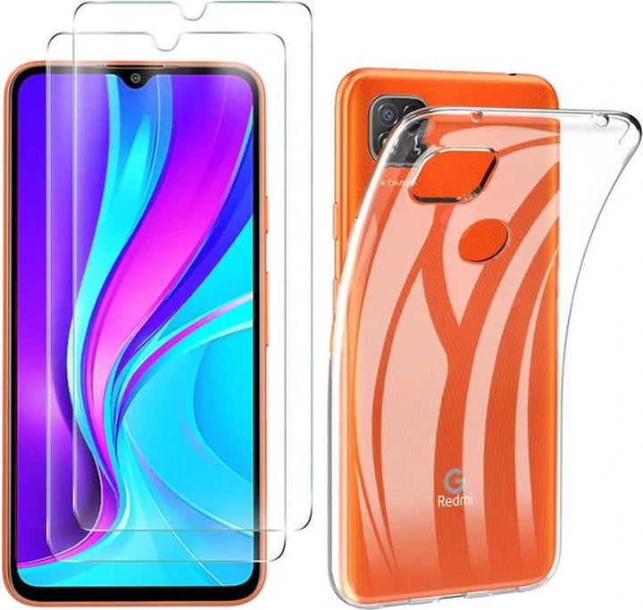 Xiaomi Redmi 9C Hoesjes – Transparante Siliconen Backcover – 2 Pack Screenprotector – Gehard Glas-Ilumina Benelux