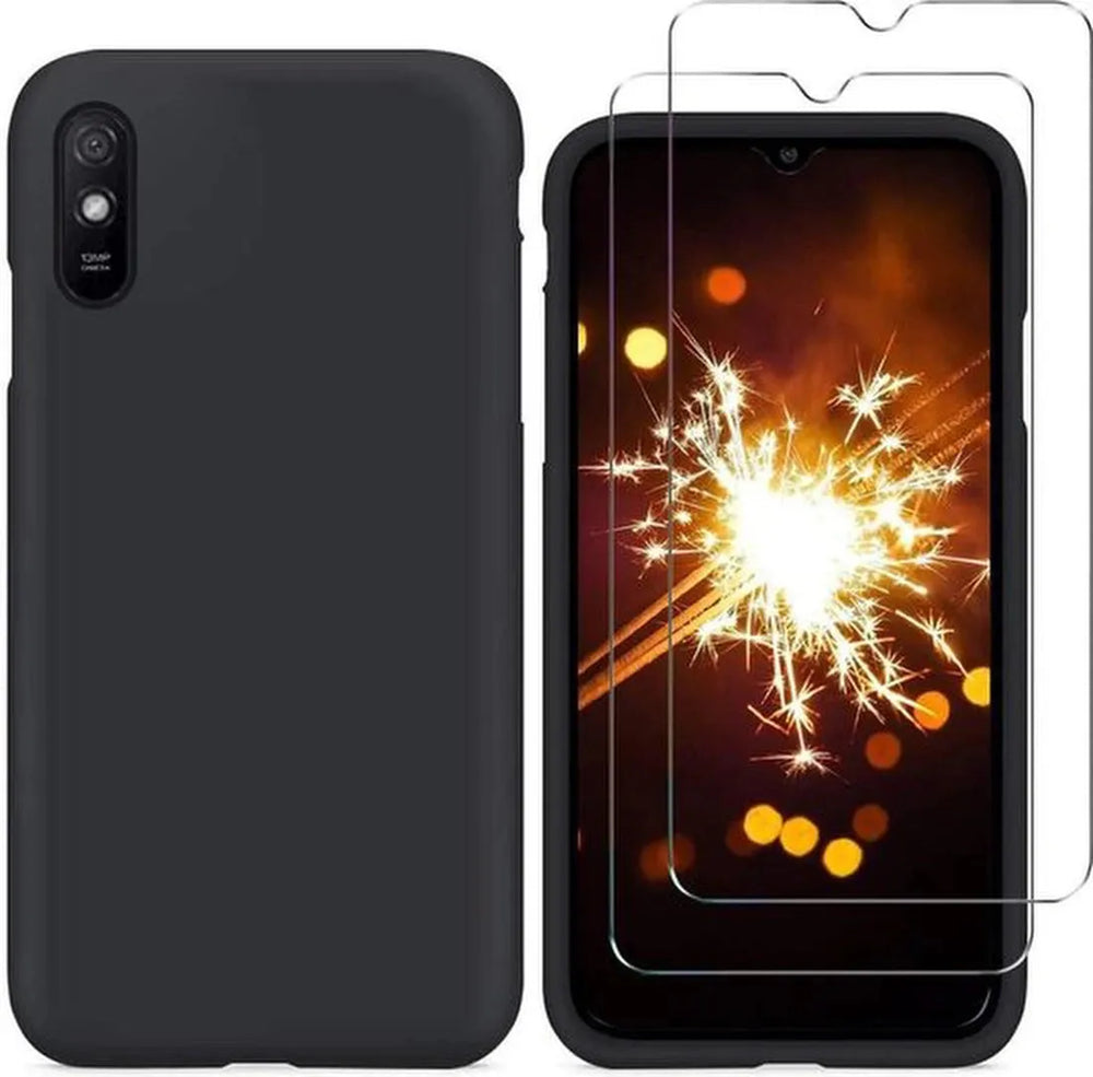 Xiaomi Redmi 9A Hoesjes – Siliconen Backcover – 2x Screenprotector Gehard Glas – Anti-kras – Zwart-Ilumina Benelux