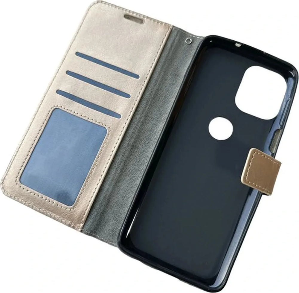 Motorola Moto G100 Hoesjes – Portemonnee Book Case – Pasjeshouder – 2x Screenprotector – Goud-Ilumina Benelux