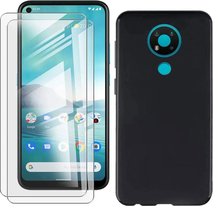 Nokia 3.4 Hoesjes – Siliconen Backcover + 2x Screenprotector – Gehard Glas – Anti Kras – Zwart-Ilumina Benelux