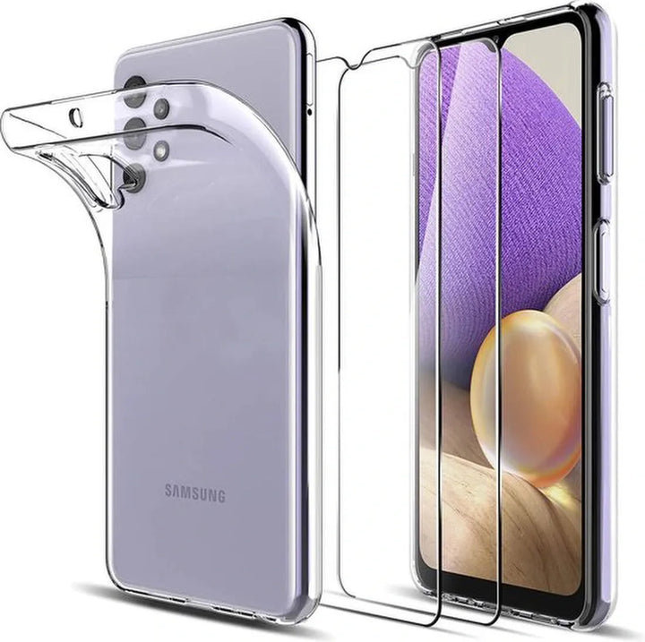 Samsung Galaxy A32 4G Hoesjes – Transparante Siliconen Backcover – Inclusief 2x Screenprotector Gehard Glas – Anti-Kras-Ilumina Benelux