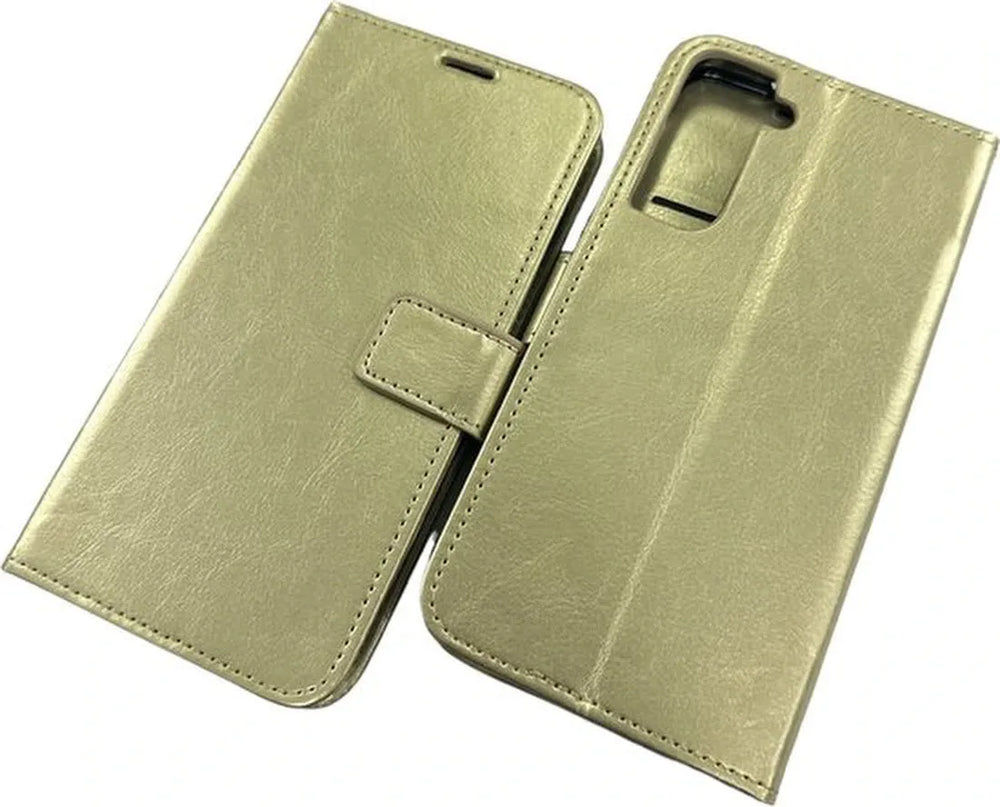 Samsung Galaxy S21 FE Hoesjes – Portemonnee Hoes – 2 Pack Screenprotector – Magneetsluiting – Goud-Ilumina Benelux