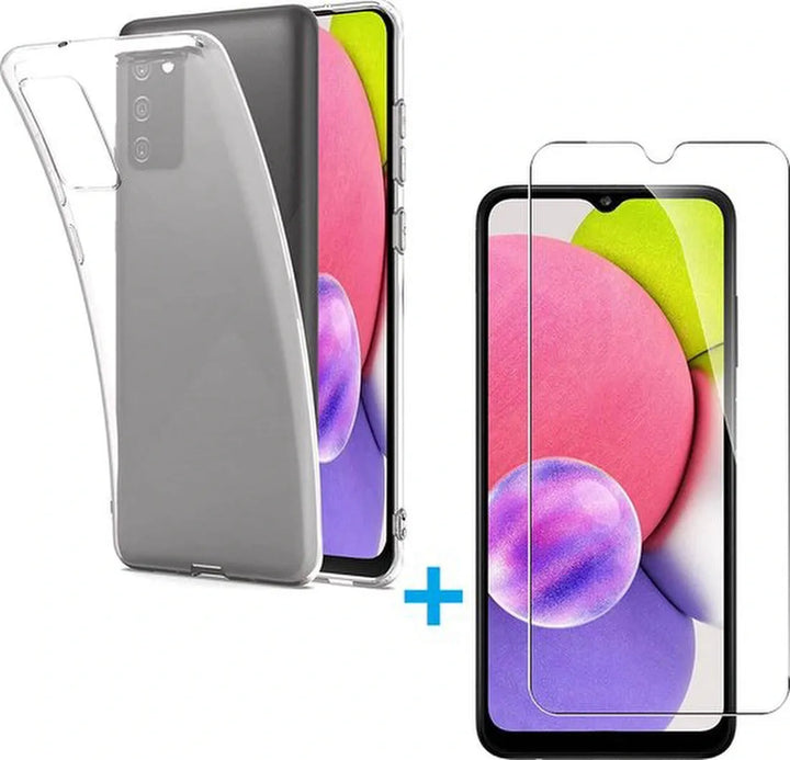 Samsung Galaxy A03s Hoesjes – Transparante Siliconen Backcover – Met 2x Screenprotector Gehard Glas – Anti Kras-Ilumina Benelux