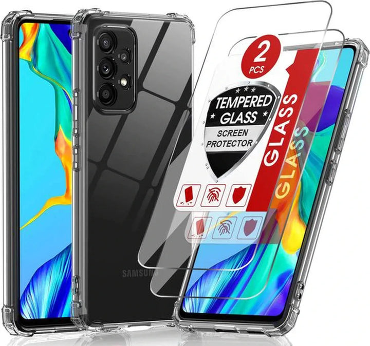 Samsung Galaxy A53 Hoesjes – Siliconen Backcover Anti-Shock – Schokbestendig – Met 2x Screenprotector Gehard Glas – Transparant-Ilumina Benelux