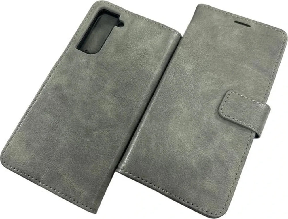 Samsung Galaxy S21 FE Hoesjes – Portemonnee Bookcase – Pasjeshouder – 2 Pack Screenprotector Gehard Glas – Grijs-Ilumina Benelux