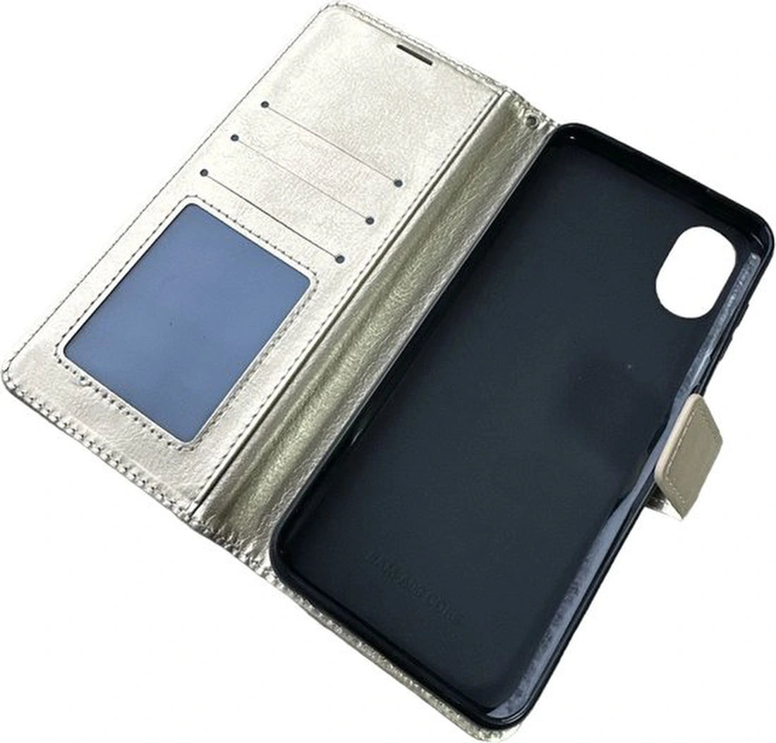 Portemonnee BookCase Hoesje + 2 Pack Screenprotector Glas Geschikt voor: Samsung Galaxy A03 Core -goud
