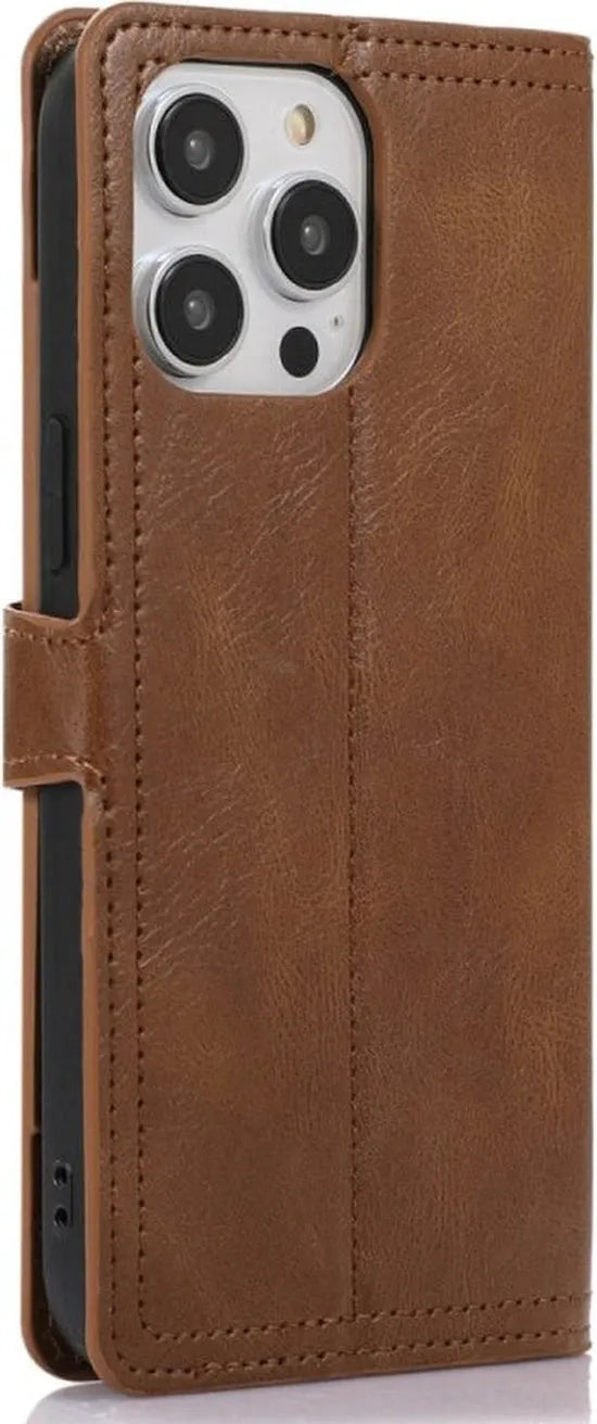 iPhone 15 Hoesjes – Vintage Portemonnee Hoes – Pasjeshouder – Magneetsluiting – Donkerbruin-Ilumina Benelux