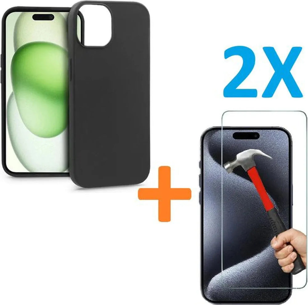 iPhone 15 Plus Hoesjes – Soft TPU Siliconen Backcover – Inclusief 2x Screenprotector Gehard Glas – Anti-kras – Zwart-Ilumina Benelux