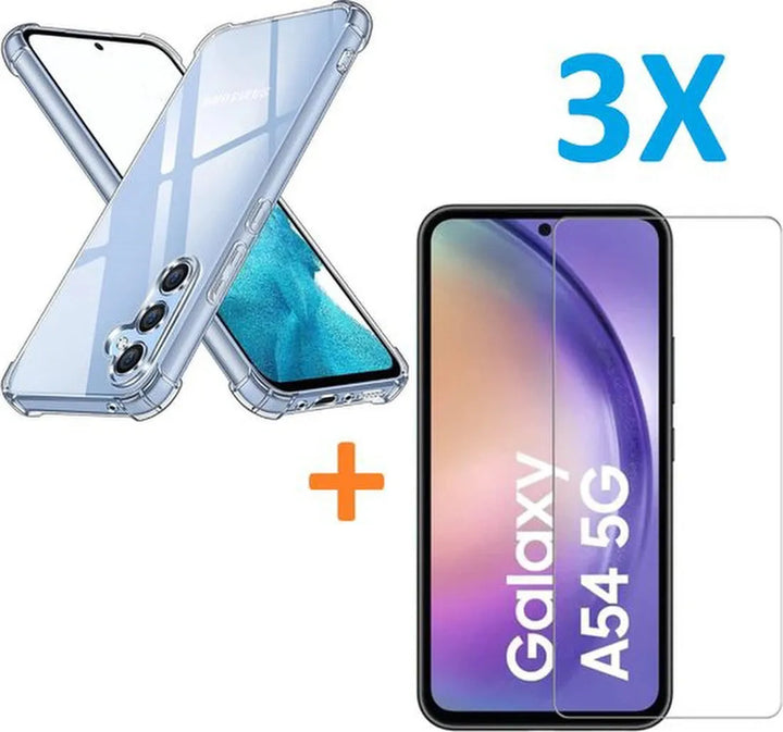 Samsung Galaxy A54 Hoesjes – Anti-Shock Siliconen Backcover – Schokbestendig – Inclusief 3x Screenprotector Gehard Glas – Transparant-Ilumina Benelux