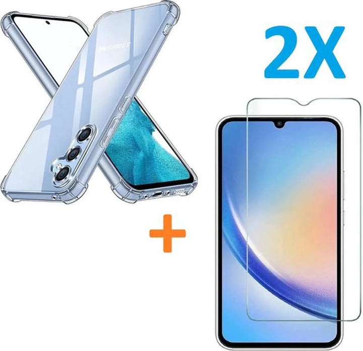 Samsung Galaxy A34 Hoesjes – Siliconen Backcover – Schokbestendig – 2 Pack Screenprotector Gehard Glas – Transparant-Ilumina Benelux