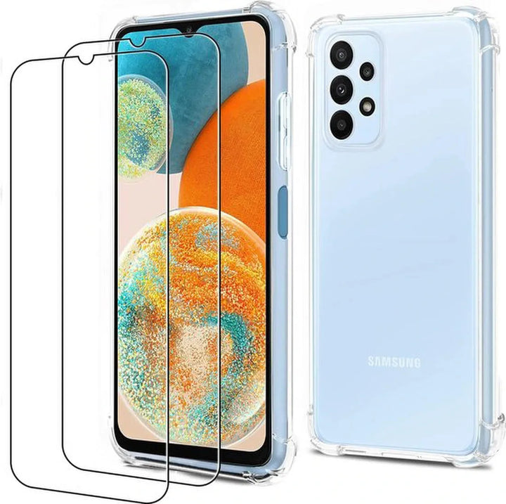 Samsung Galaxy A23 Hoesjes – Siliconen Backcover Anti-Shock – Schokbestendig – Incl. 2x Screenprotector Gehard Glas – Transparant-Ilumina Benelux