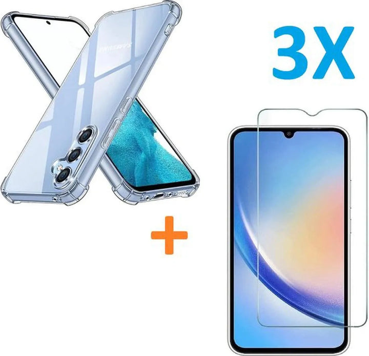 Samsung Galaxy A14 Hoesjes – Anti-Shock Siliconen Backcover – Schokbestendig – Inclusief 3x Screenprotector Gehard Glas – Transparant-Ilumina Benelux