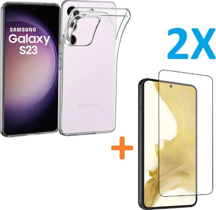 Samsung Galaxy S23 Hoesjes – Transparante Siliconen Backcover – 2x Screenprotector Gehard Glas – Anti-kras-Ilumina Benelux