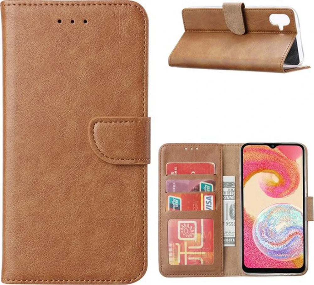 Samsung Galaxy A04E Hoesjes – Portemonnee Book Case – Pasjeshouder – Magneetsluiting – Lichtbruin-Ilumina Benelux