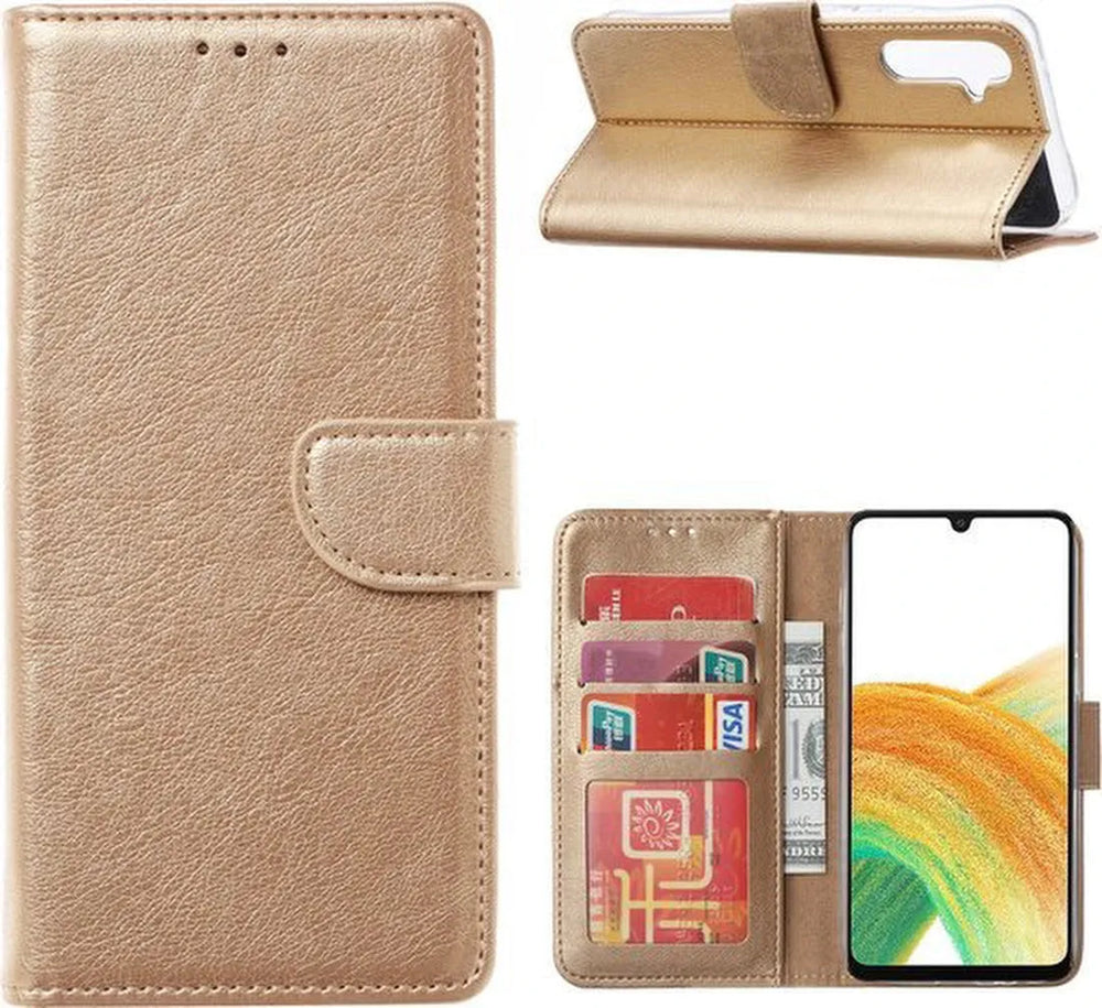Samsung Galaxy A04E Hoesjes – Portemonnee Book Case – Pasjeshouder – Magneetsluiting – Goud-Ilumina Benelux