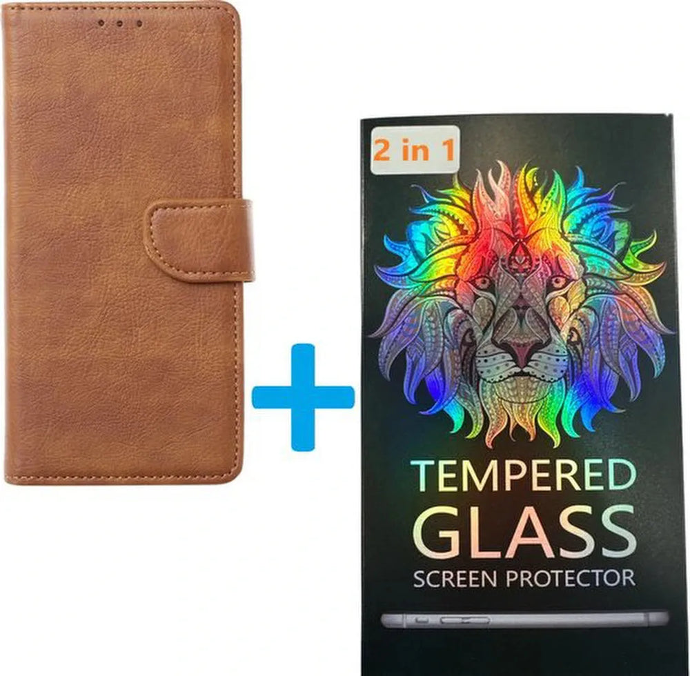 Samsung Galaxy A04E Hoesjes – Portemonnee Hoes – 2 Pack Screenprotector – Pasjeshouder – Lichtbruin-Ilumina Benelux