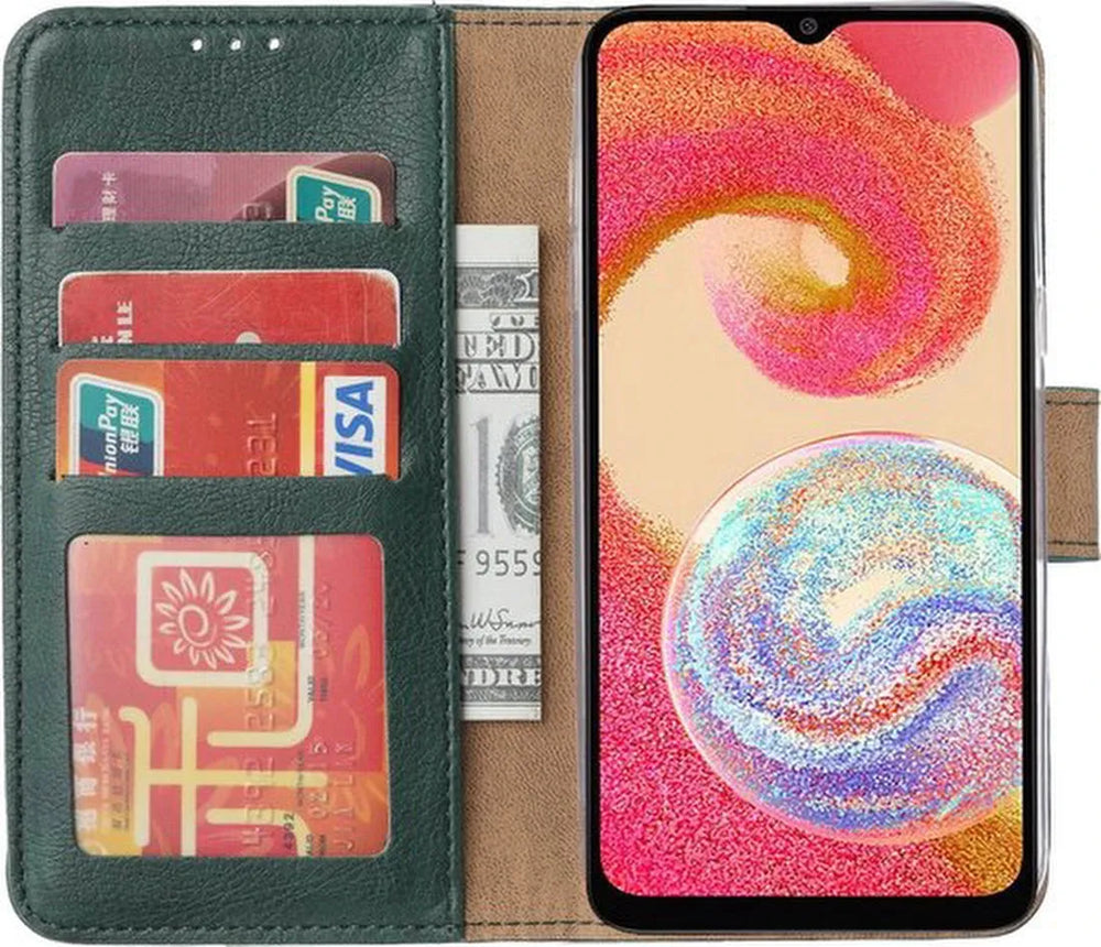 Samsung Galaxy A04E Hoesjes – Portemonnee Hoes – 2 Pack Screenprotector – Pasjeshouder – Groen-Ilumina Benelux