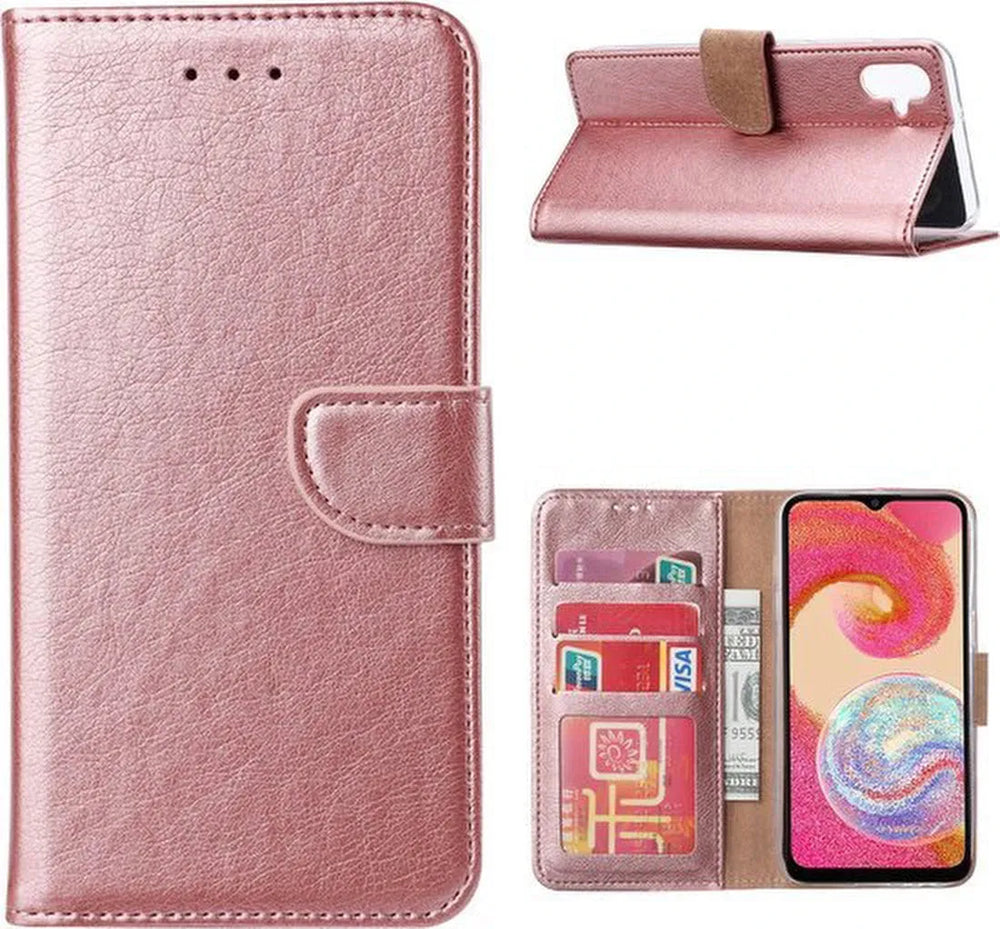 Samsung Galaxy A04E Hoesjes – Portemonnee Hoes – 2 Pack Screenprotector – Pasjeshouder – Roségoud-Ilumina Benelux